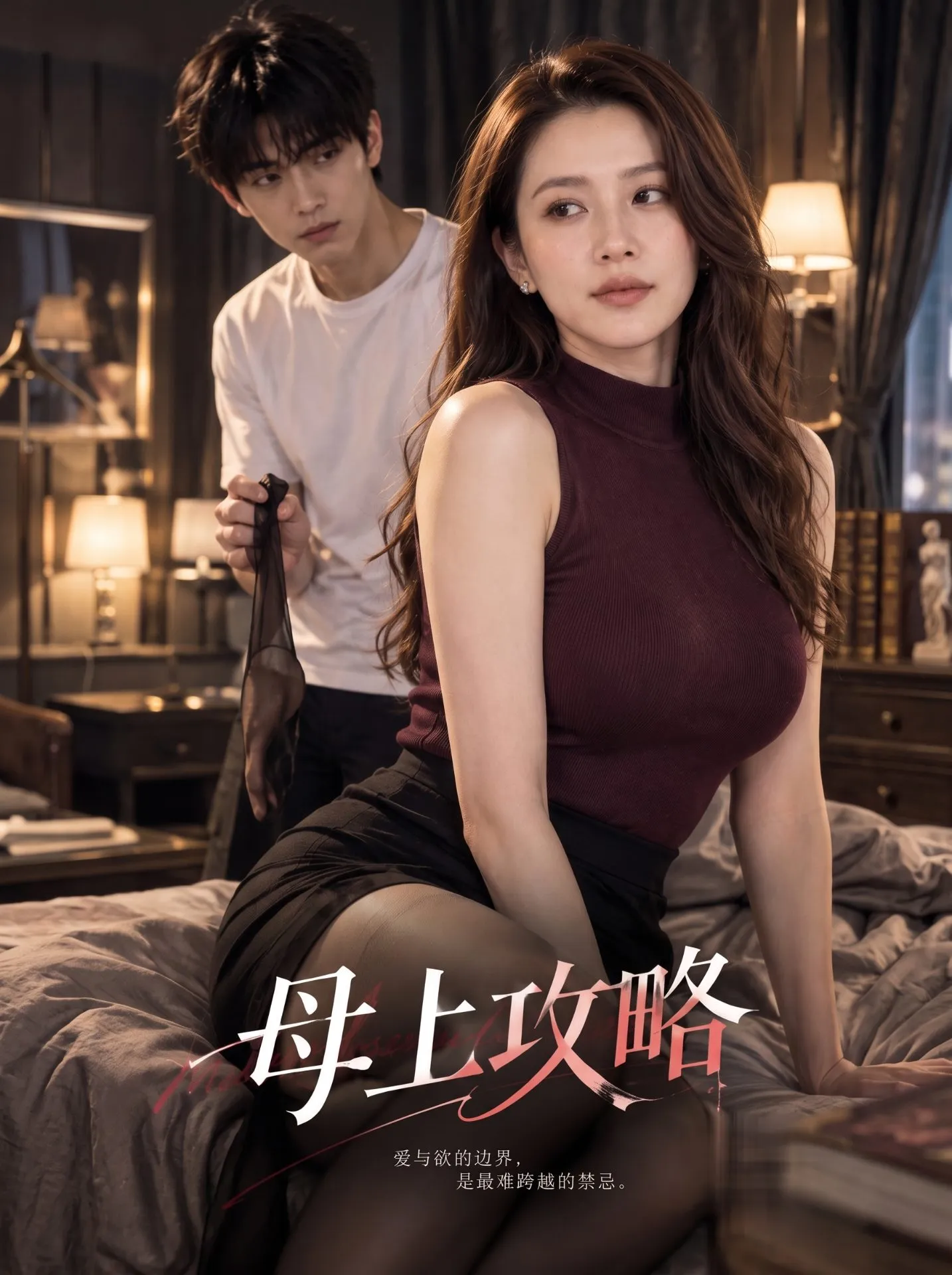 母上攻略剧照：卧室床边的人物关系画面