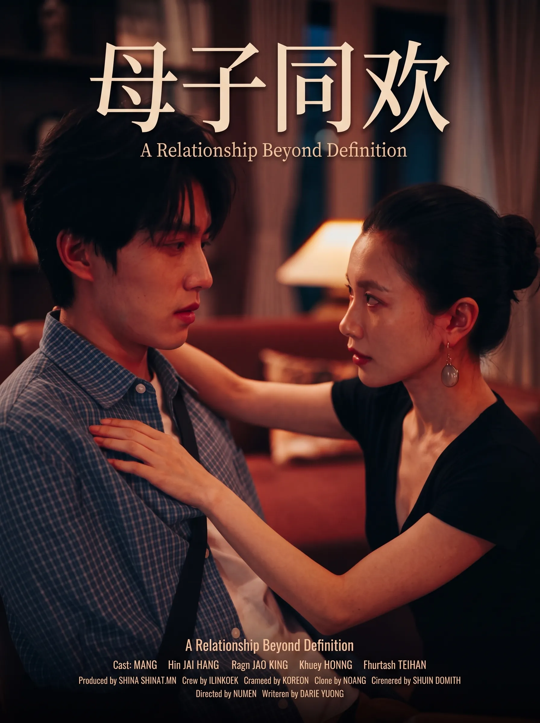 母女关系题材海报：画面中央的男子与两位女性